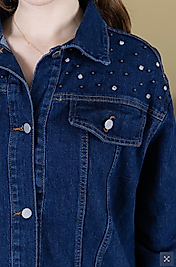 Koyu Mavi Omuz Taş Detay Kot Ceket