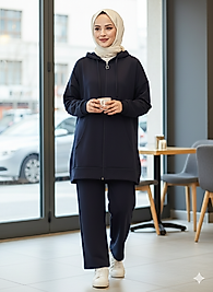 Lacivert Oysho Kumaş Kapüşonlu Fermuarlı Takım