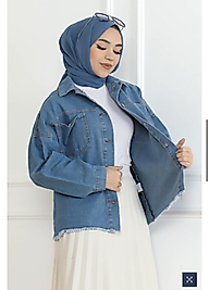 KOYU MAVİ PÜSKÜL DETAY KOT CEKET