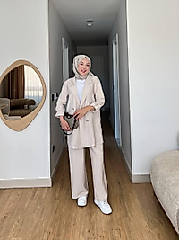 Oversize Ceketli Takım Bej Yazlık Kumaş