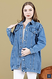 ORTA MAVİ OMUZ TAŞ DETAY KOT CEKET