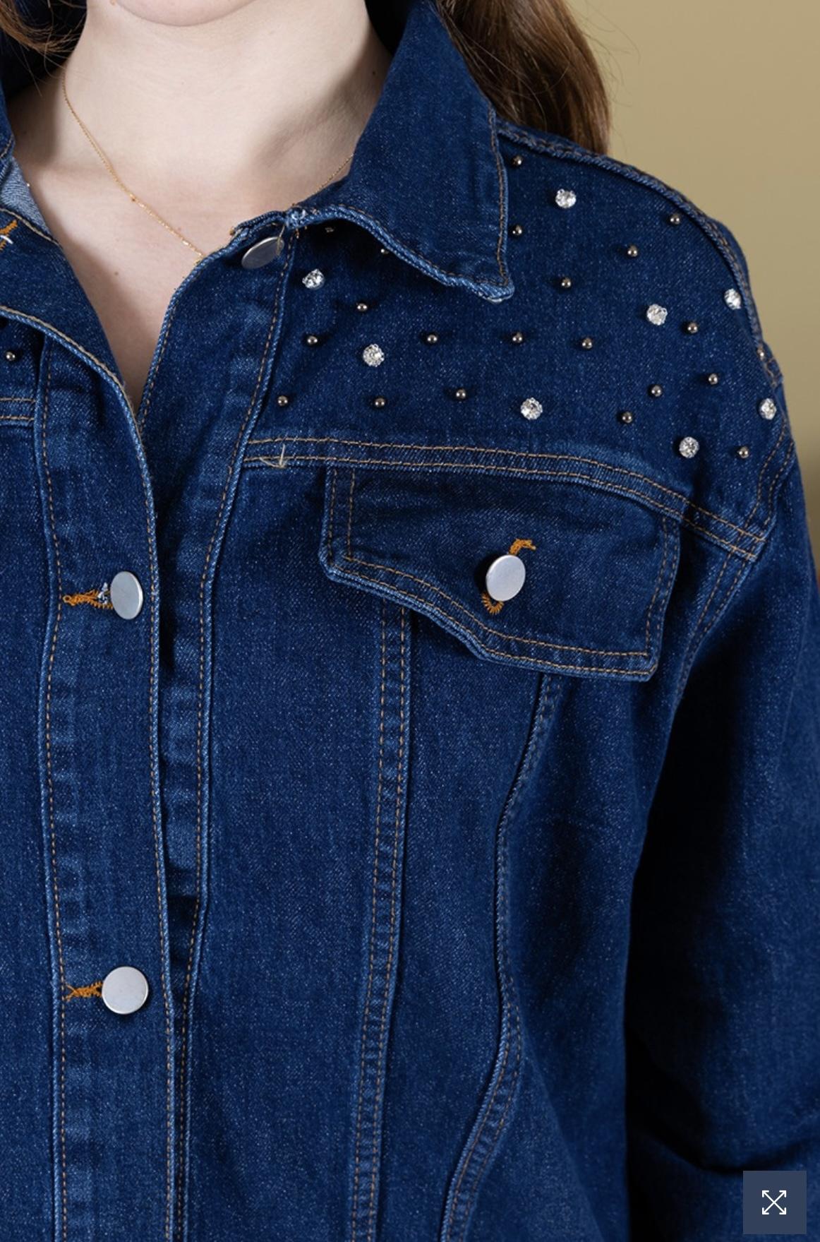 Koyu Mavi Omuz Taş Detay Kot Ceket