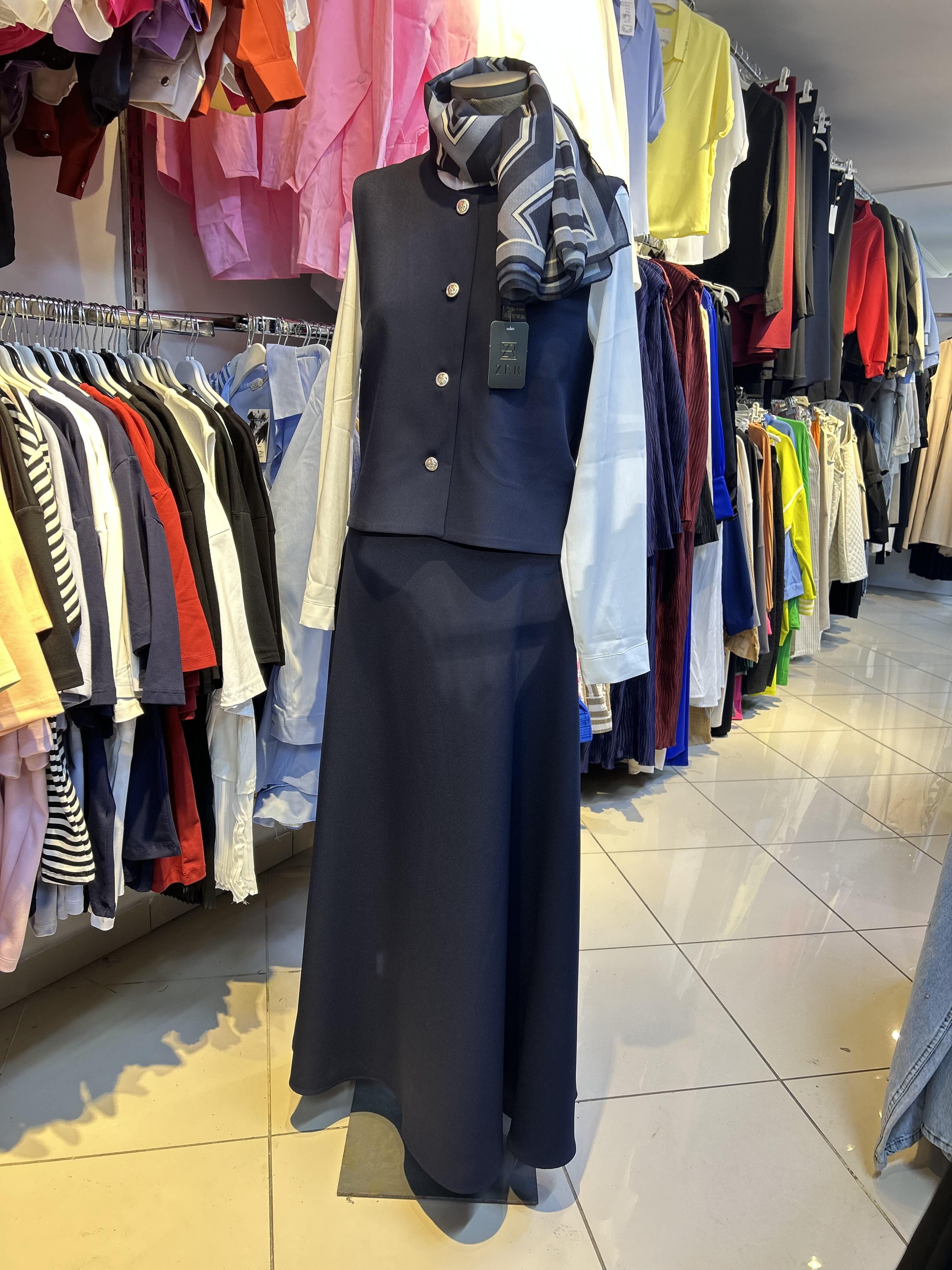 Lacivert Yelek Etek Gömlek 3’lü Takım