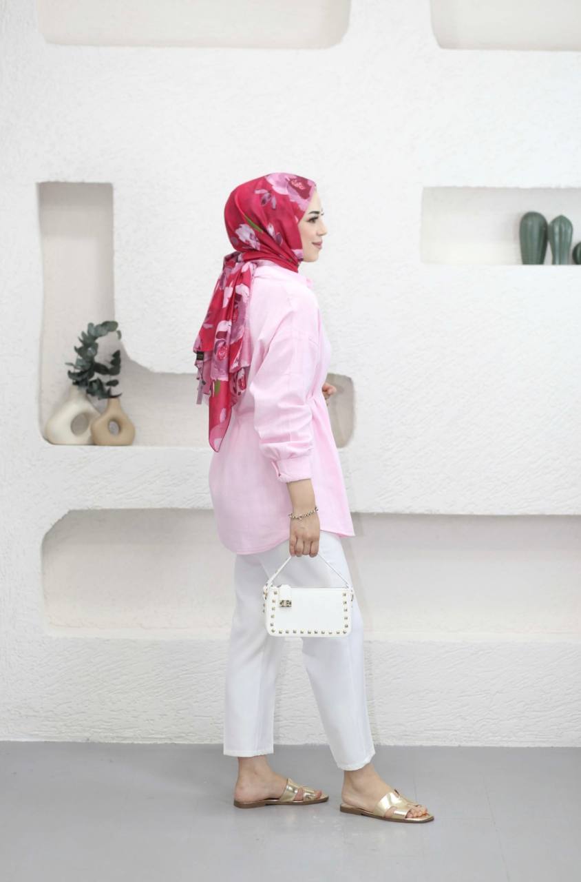 Pembe Bağlamalı Keten Gömlek