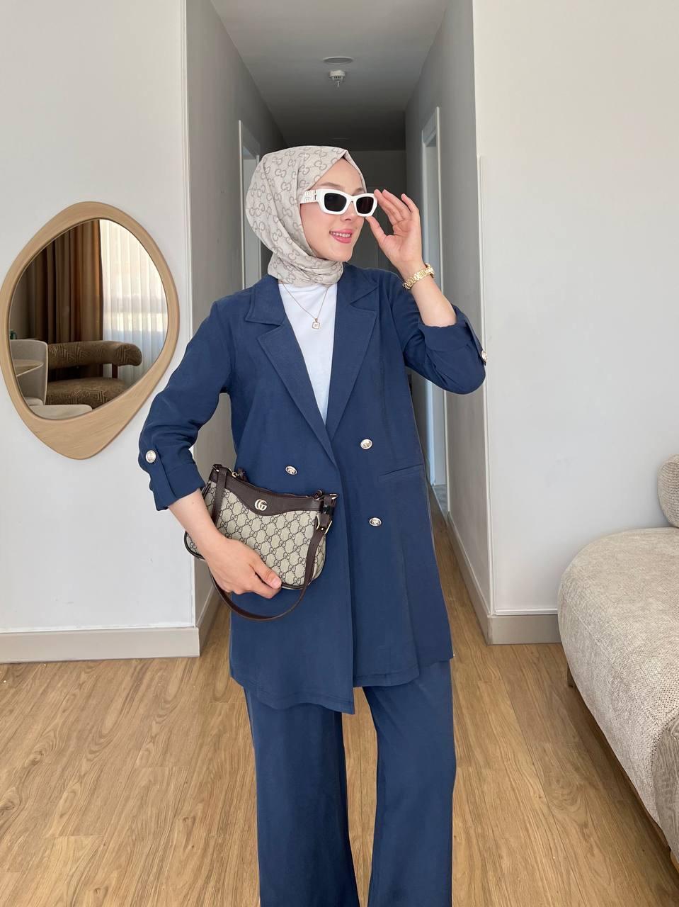 Oversize Ceketli Takım Lacivert Yazlık Kumaş