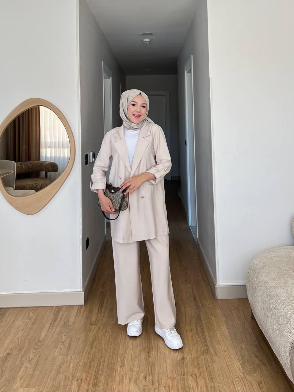 Oversize Ceketli Takım Bej Yazlık Kumaş