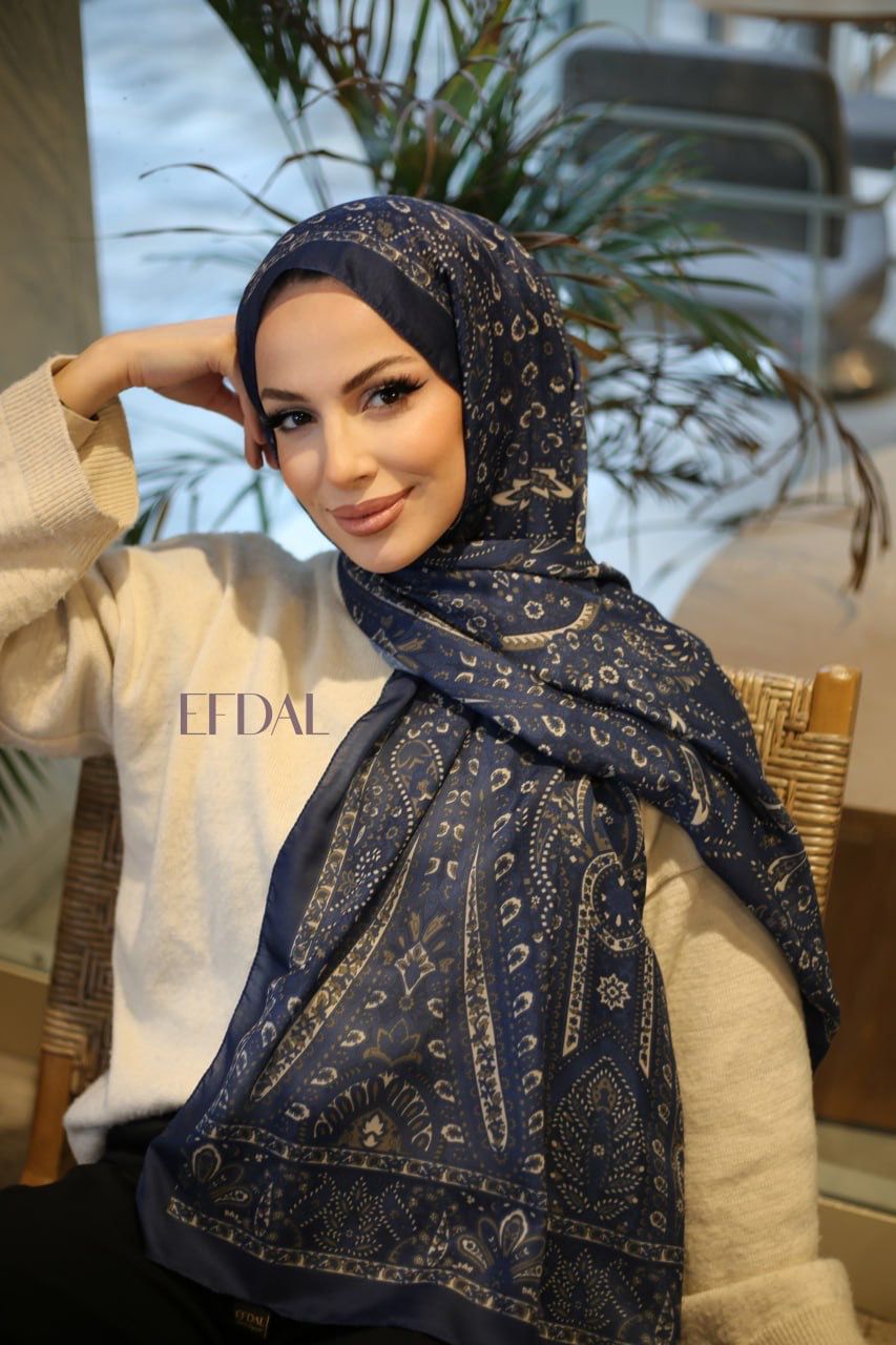 Piraye Desen İthal Pamuk Şal LACİVERT-KREM