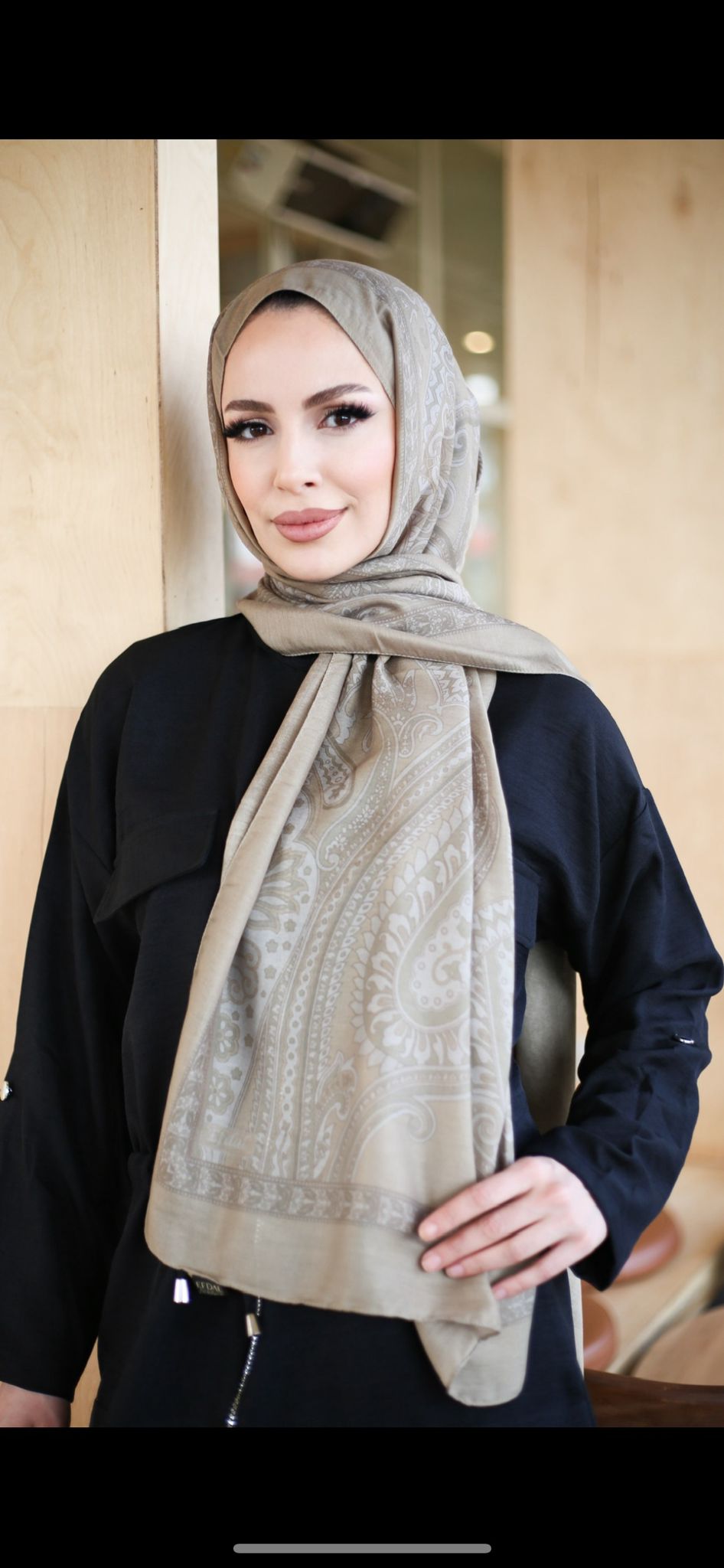 Retro Desen Pamuklu Şal Vizon