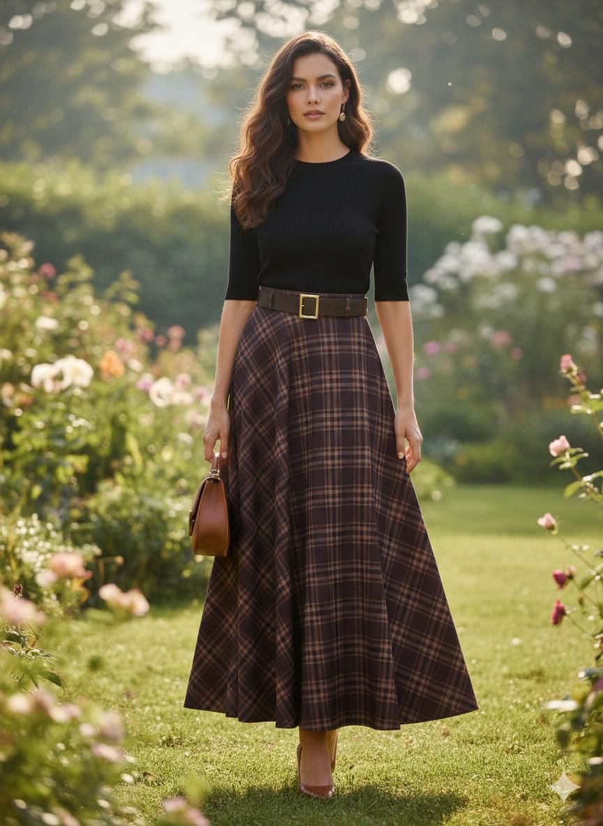 Ekoseli Bordo Kemerli Etek